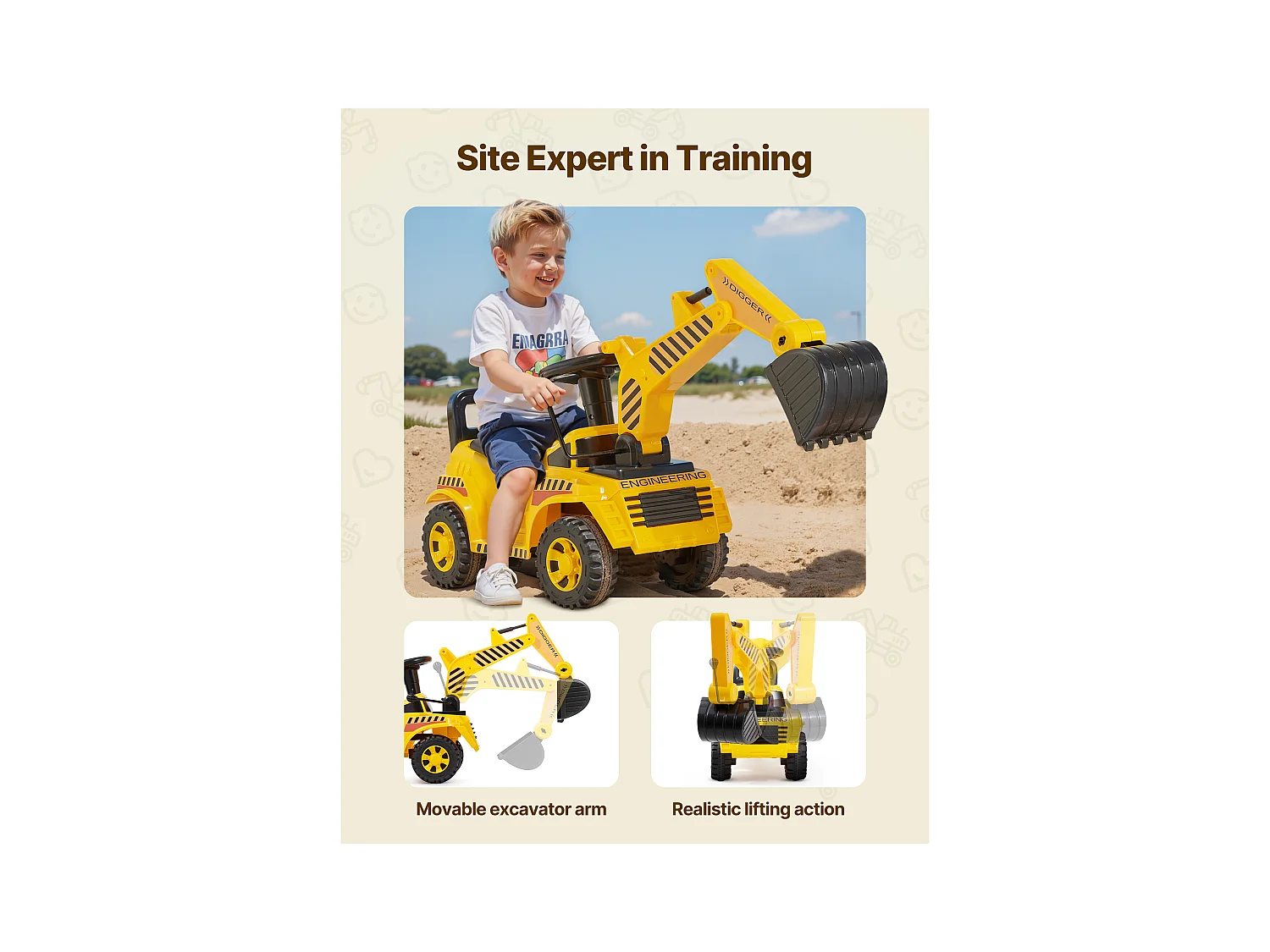 Porteur Auto Enfants SucceBuy 19 à 36 Mois, Voiture à Pousser pour Tout-petits, Capacité 25 kg, Pelleteuse Porteur avec Casque et Musique