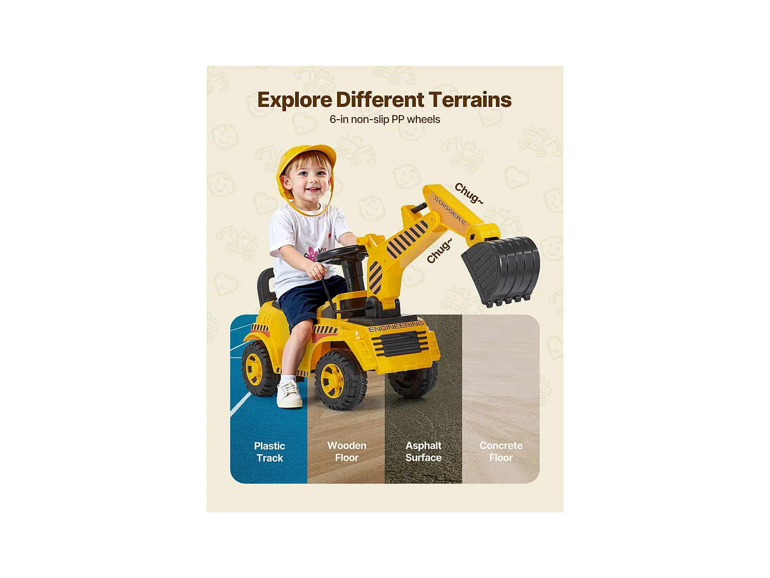 Porteur Auto Enfants SucceBuy 19 à 36 Mois, Voiture à Pousser pour Tout-petits, Capacité 25 kg, Pelleteuse Porteur avec Casque et Musique