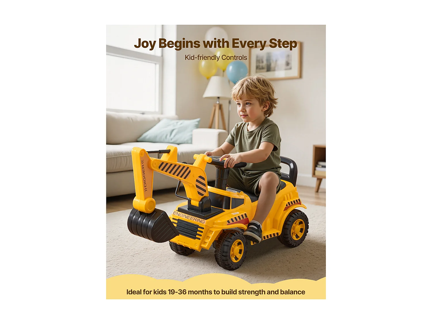 Porteur Auto Enfants SucceBuy 19 à 36 Mois, Voiture à Pousser pour Tout-petits, Capacité 25 kg, Pelleteuse Porteur avec Casque et Musique