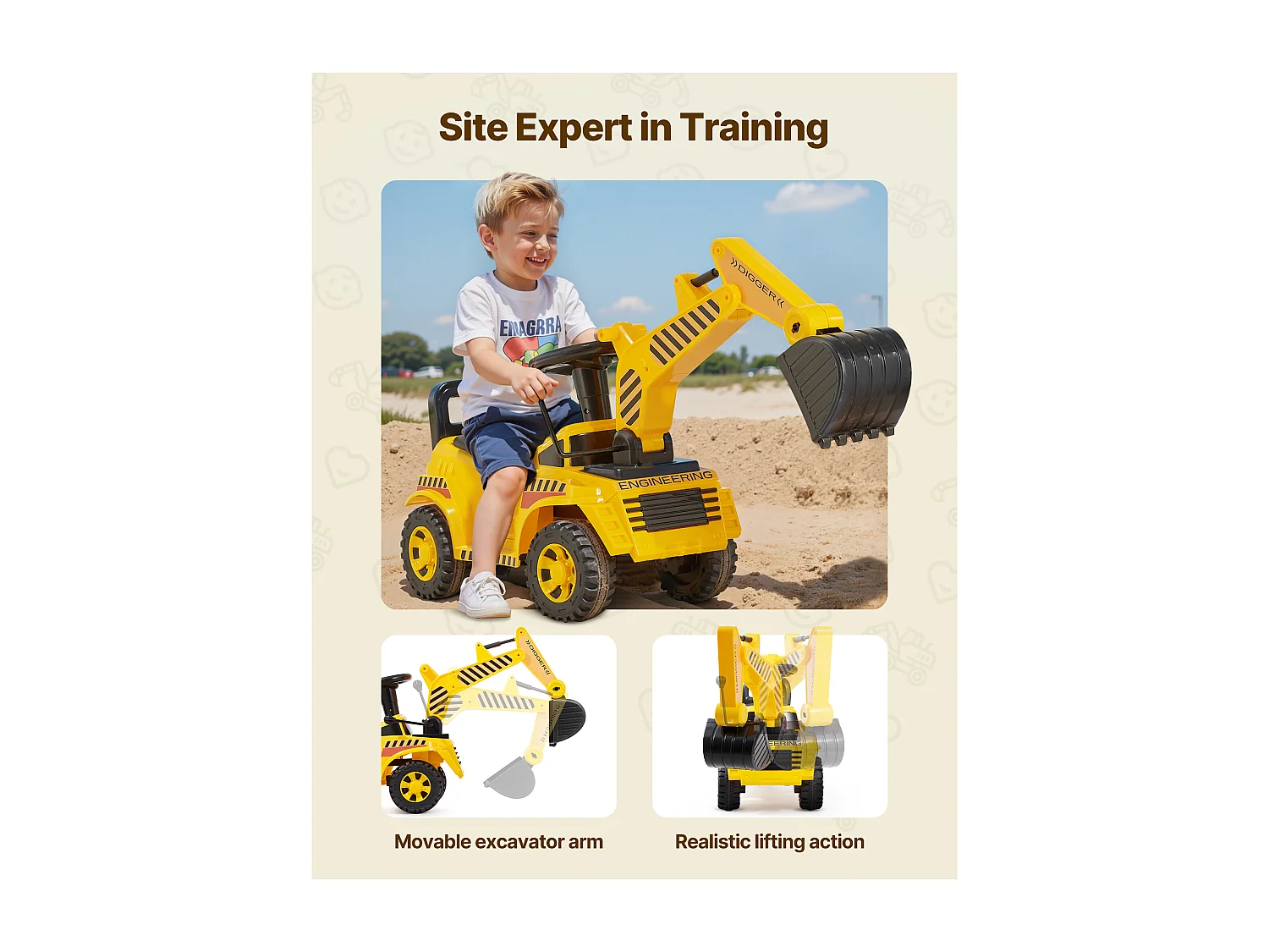 Porteur Auto Enfants SucceBuy 19 à 36 Mois, Voiture à Pousser pour Tout-petits, Capacité 25 kg, Pelleteuse Porteur avec Casque et Musique