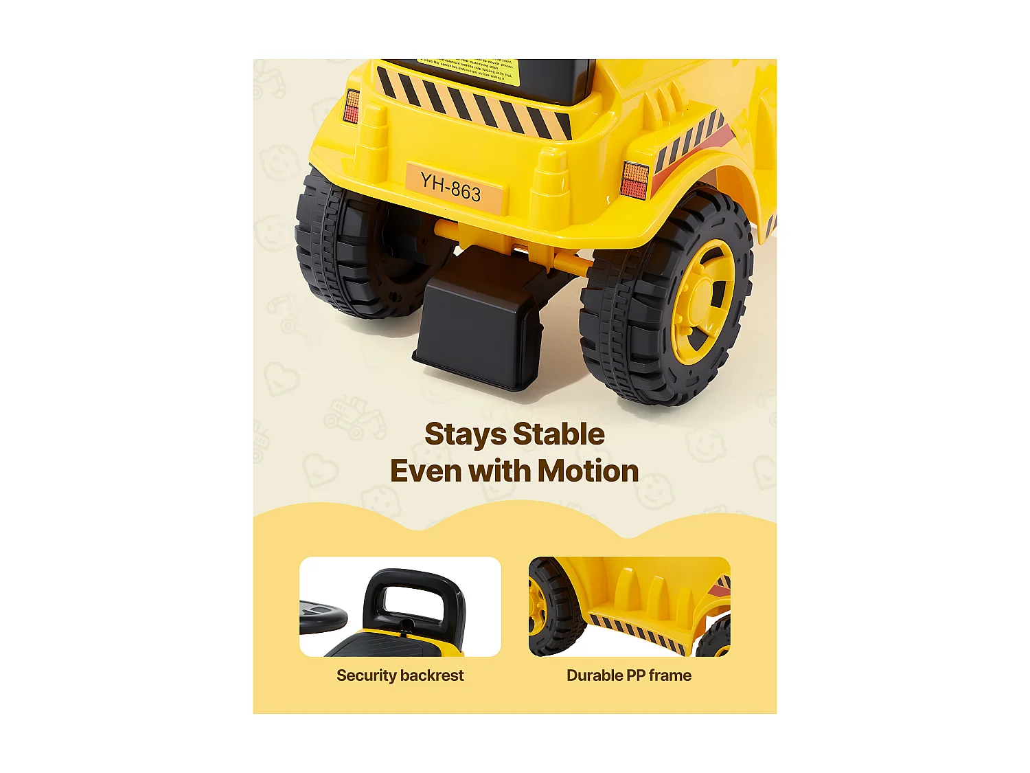 Porteur Auto Enfants SucceBuy 19 à 36 Mois, Voiture à Pousser pour Tout-petits, Capacité 25 kg, Pelleteuse Porteur avec Casque et Musique