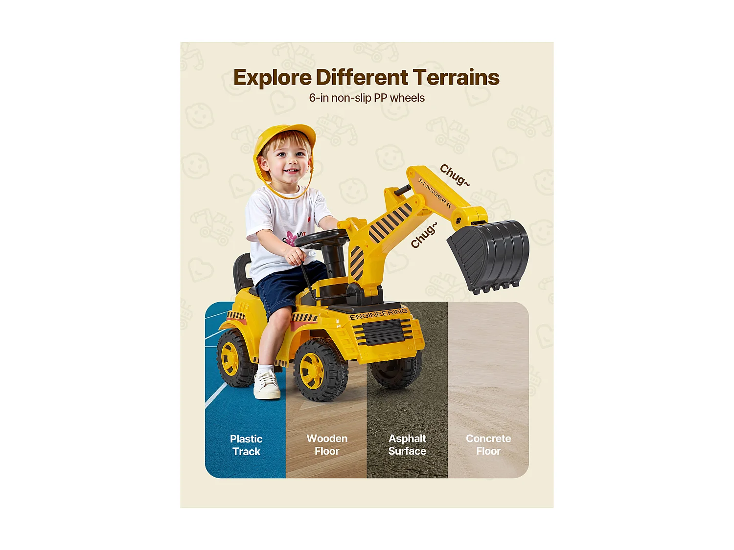 Porteur Auto Enfants SucceBuy 19 à 36 Mois, Voiture à Pousser pour Tout-petits, Capacité 25 kg, Pelleteuse Porteur avec Casque et Musique