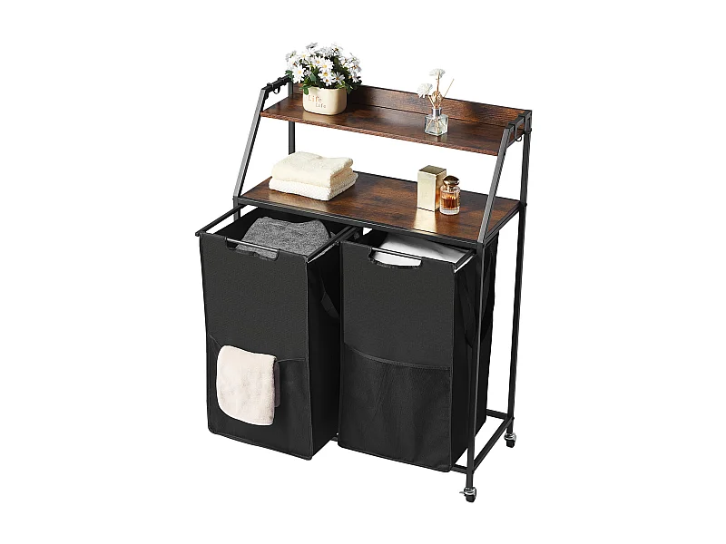 Wäschekorb SucceBuy Wäschesortierer mit 2 Fächern und Rollen, Wäschekorb mit 2 Fächern, Metallrahmen, Holzplatte, Ablage und 600D Oxford-Stoffbeuteln