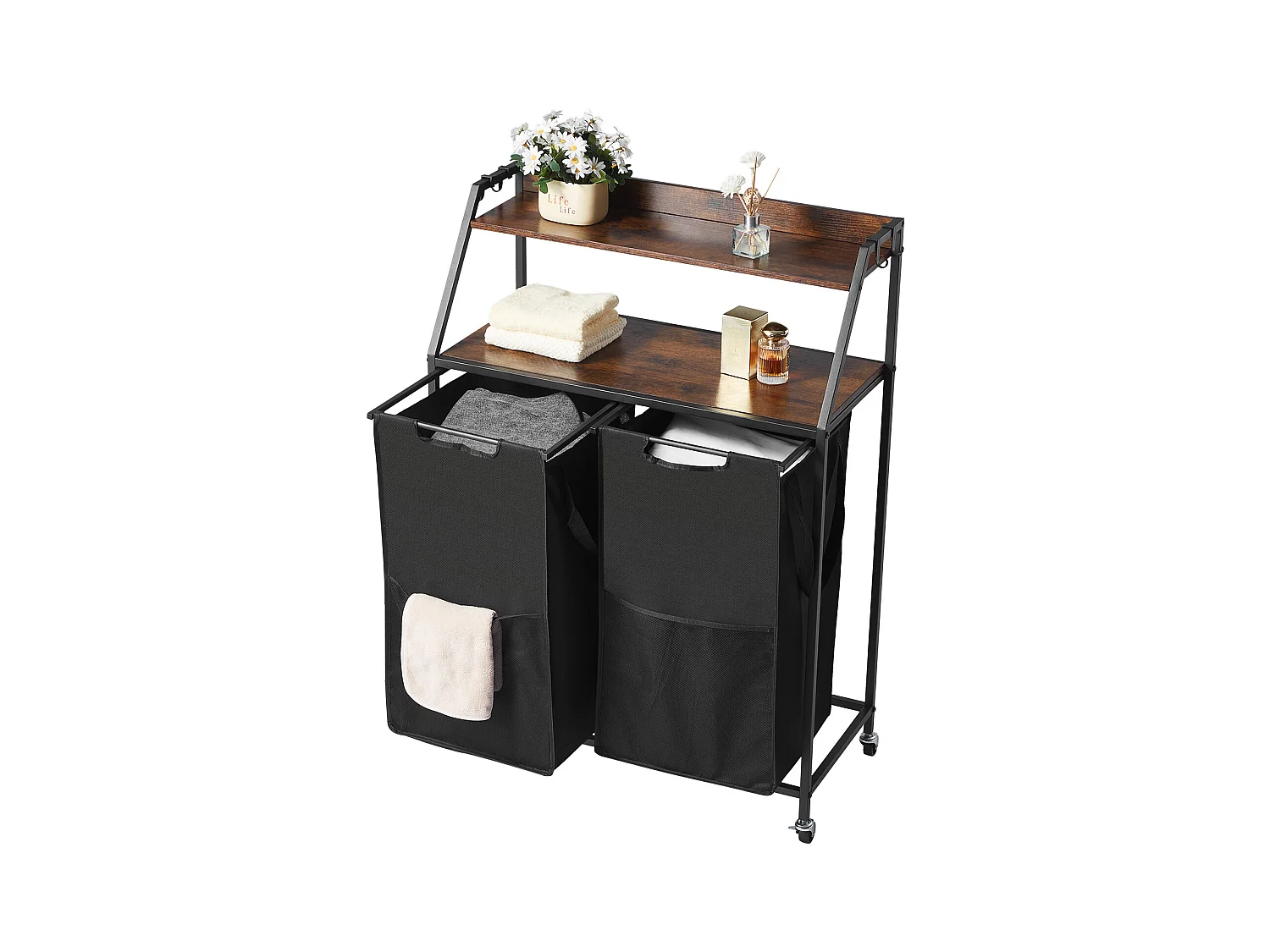 Wäschekorb SucceBuy Wäschesortierer mit 2 Fächern und Rollen, Wäschekorb mit 2 Fächern, Metallrahmen, Holzplatte, Ablage und 600D Oxford-Stoffbeuteln