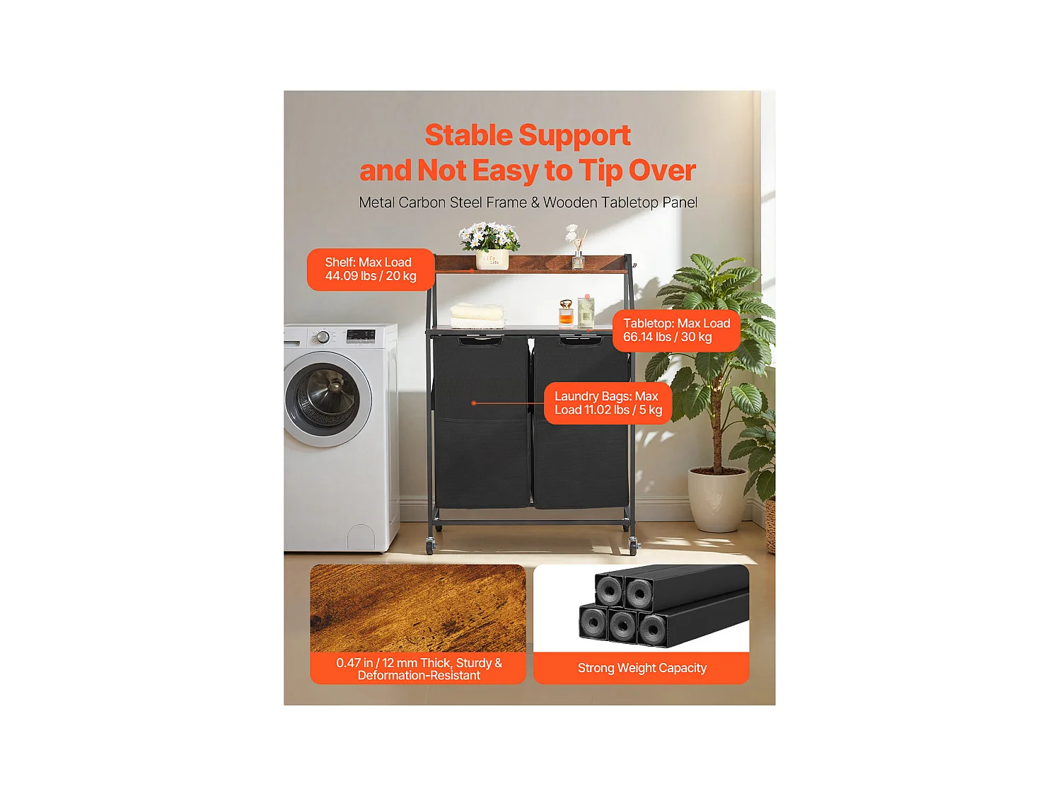 Wäschekorb SucceBuy Wäschesortierer mit 2 Fächern und Rollen, Wäschekorb mit 2 Fächern, Metallrahmen, Holzplatte, Ablage und 600D Oxford-Stoffbeuteln