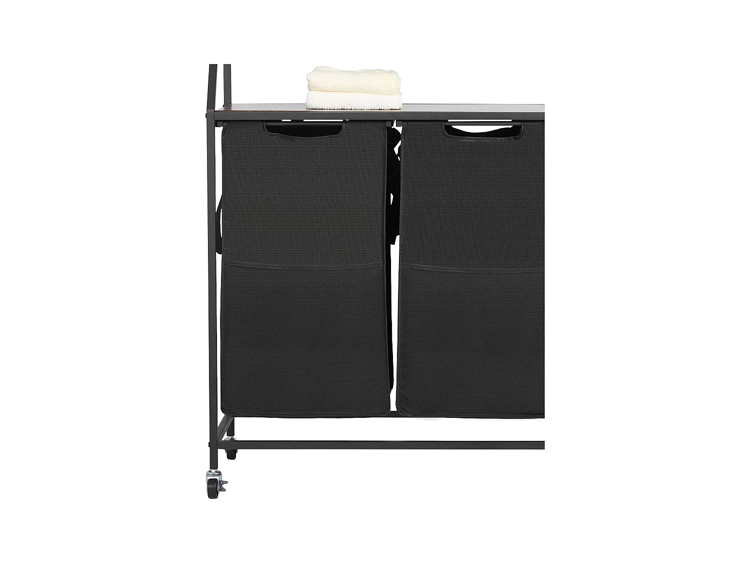 Wäschekorb SucceBuy Wäschesortierer mit 2 Fächern und Rollen, Wäschekorb mit 2 Fächern, Metallrahmen, Holzplatte, Ablage und 600D Oxford-Stoffbeuteln