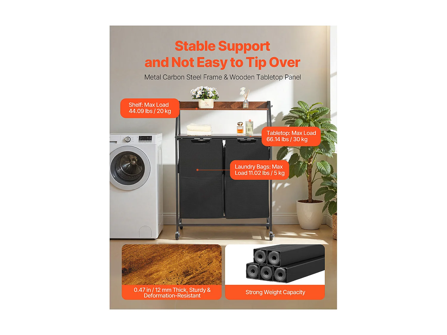 Panier à Linge SucceBuy Trieur de Linge à 2 Niveaux avec Roulettes, Panier à Linge à 2 Compartiments, Cadre Métallique, Plateau en Bois, Étagère et Sacs en Tissu