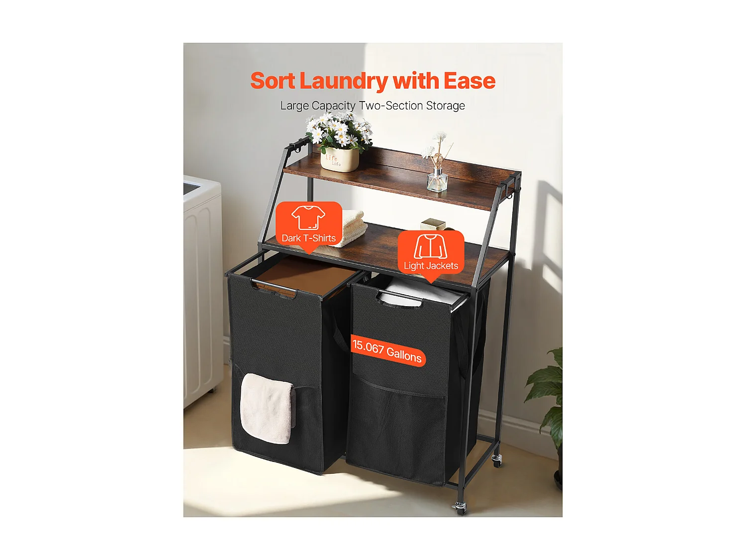 Panier à Linge SucceBuy Trieur de Linge à 2 Niveaux avec Roulettes, Panier à Linge à 2 Compartiments, Cadre Métallique, Plateau en Bois, Étagère et Sacs en Tissu