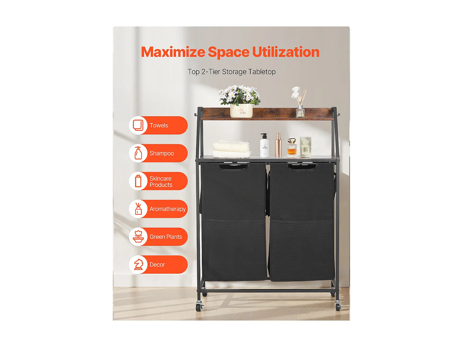 Panier à Linge SucceBuy Trieur de Linge à 2 Niveaux avec Roulettes, Panier à Linge à 2 Compartiments, Cadre Métallique, Plateau en Bois, Étagère et Sacs en Tissu