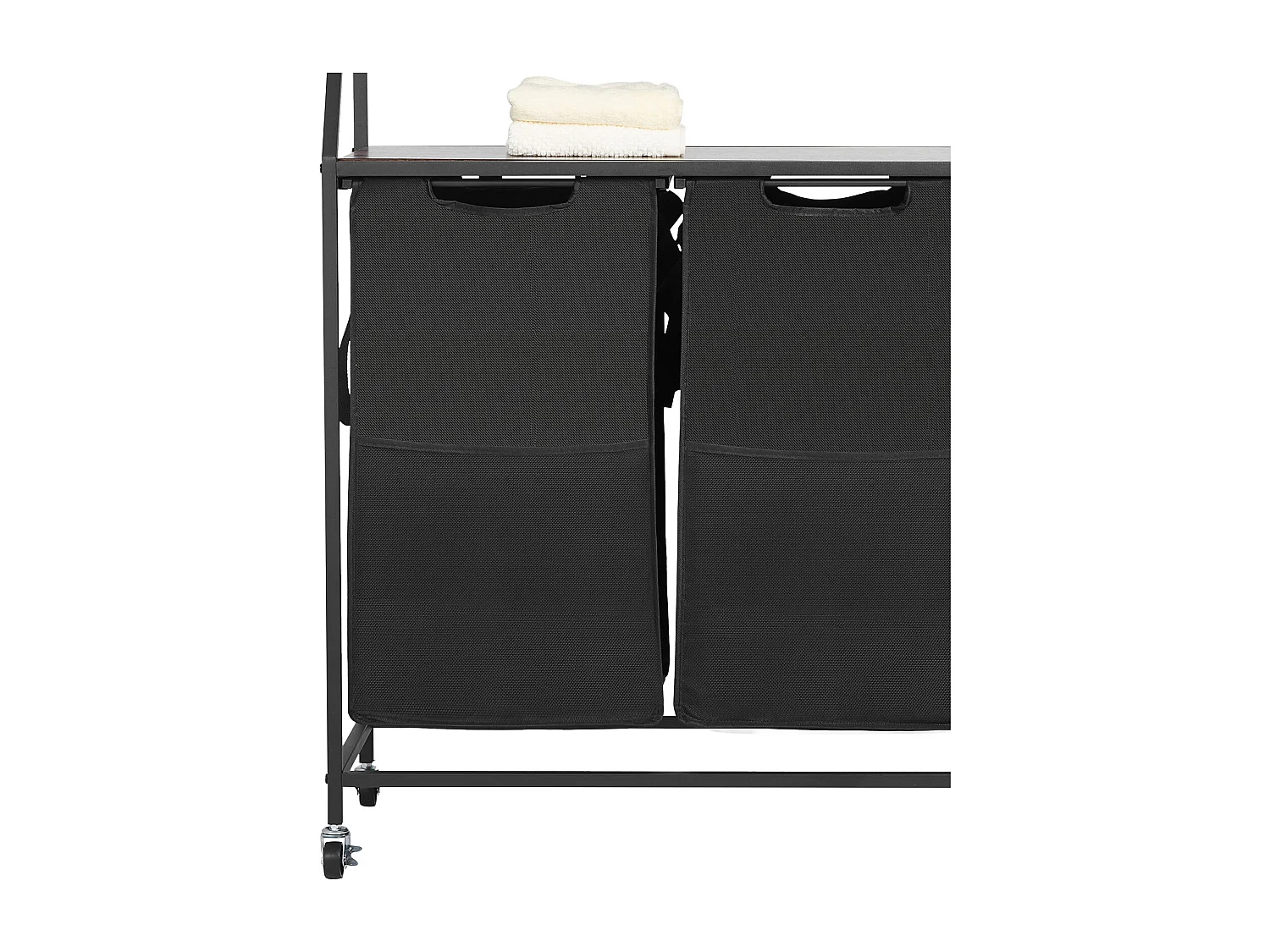 Panier à Linge SucceBuy Trieur de Linge à 2 Niveaux avec Roulettes, Panier à Linge à 2 Compartiments, Cadre Métallique, Plateau en Bois, Étagère et Sacs en Tissu