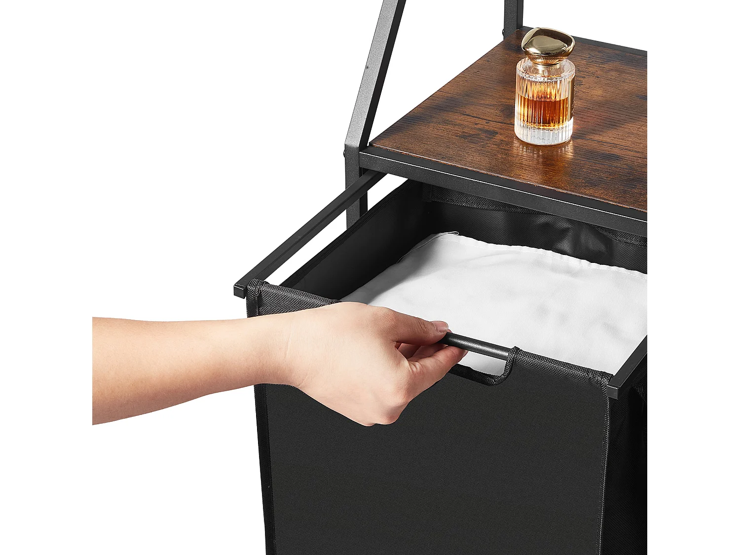 Panier à Linge SucceBuy Trieur de Linge à 2 Niveaux avec Roulettes, Panier à Linge à 2 Compartiments, Cadre Métallique, Plateau en Bois, Étagère et Sacs en Tissu