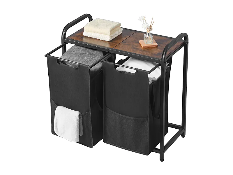 Wäschekorb SucceBuy Wäschesammler mit 2 Fächern, Wäsche-Organizer mit Herausnehmbaren Beuteln aus 600D Oxford-Gewebe, Metallrahmen und Holzdeckel
