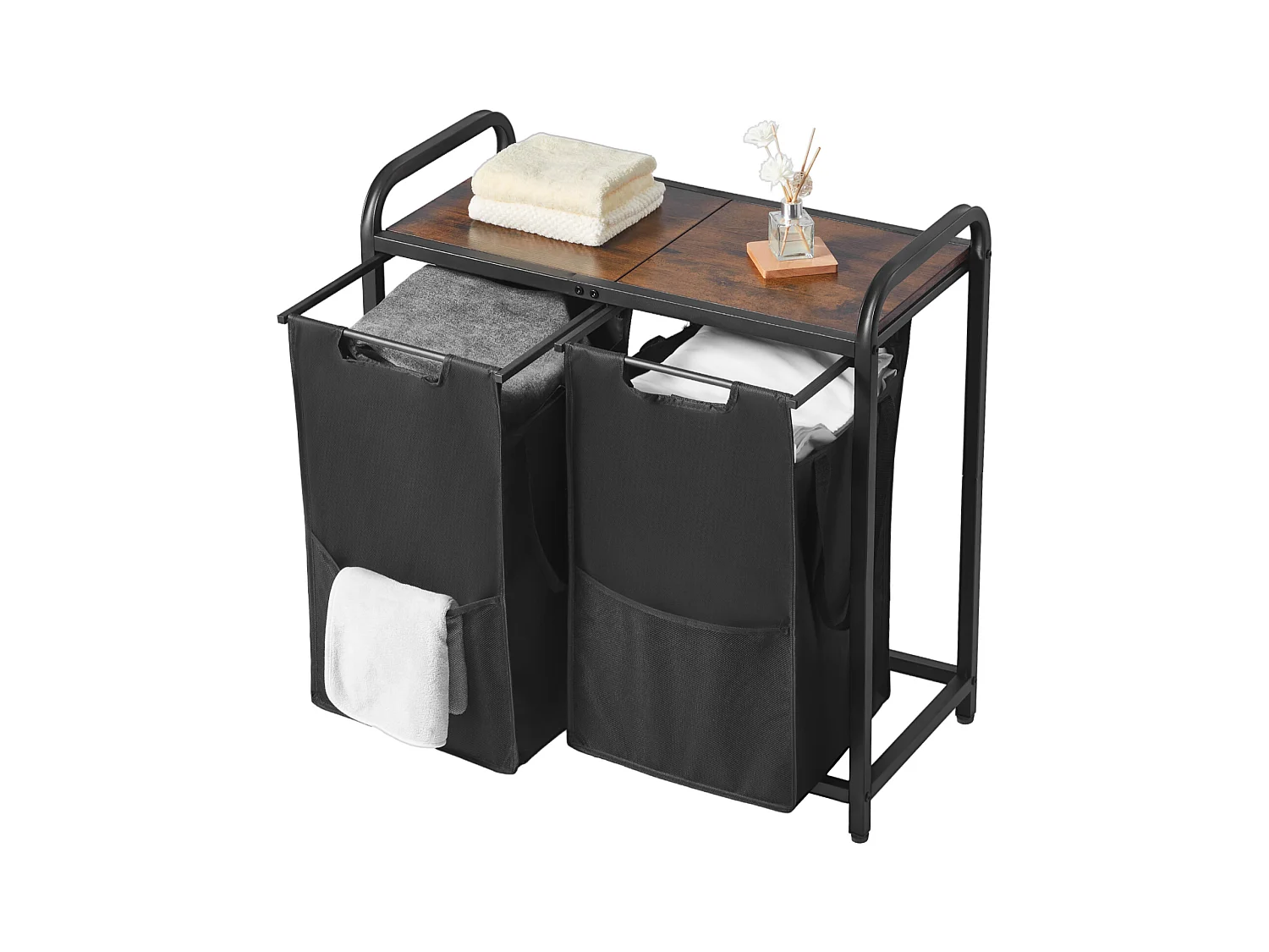 Wäschekorb SucceBuy Wäschesammler mit 2 Fächern, Wäsche-Organizer mit Herausnehmbaren Beuteln aus 600D Oxford-Gewebe, Metallrahmen und Holzdeckel