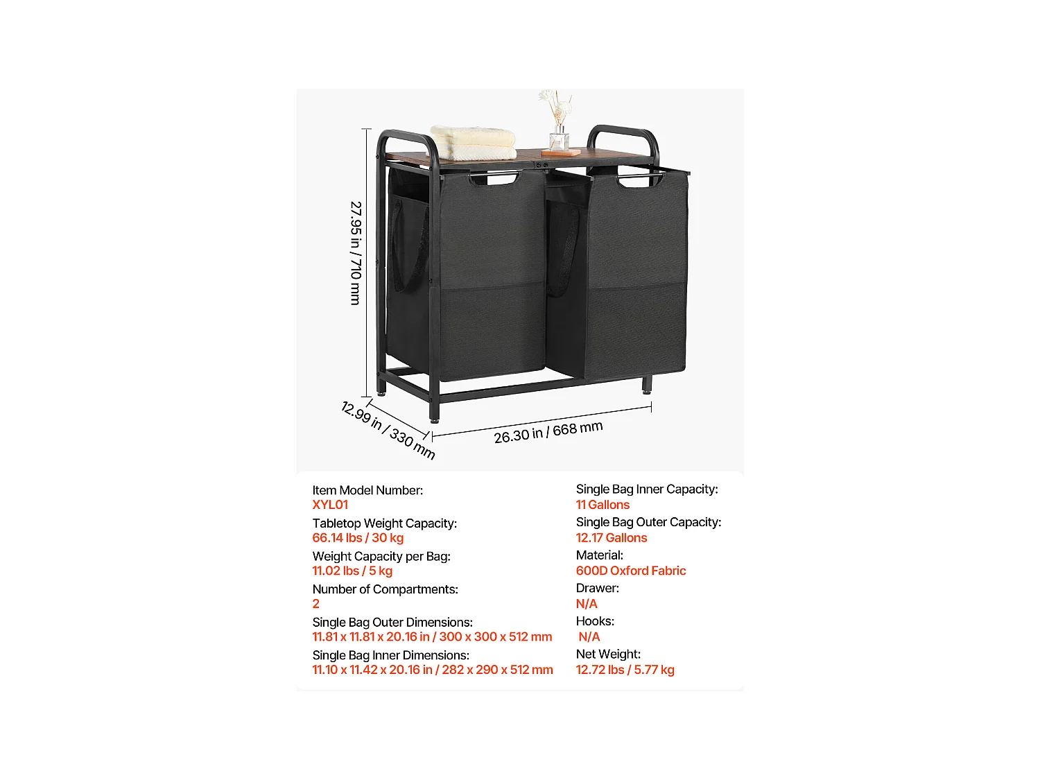 Wäschekorb SucceBuy Wäschesammler mit 2 Fächern, Wäsche-Organizer mit Herausnehmbaren Beuteln aus 600D Oxford-Gewebe, Metallrahmen und Holzdeckel