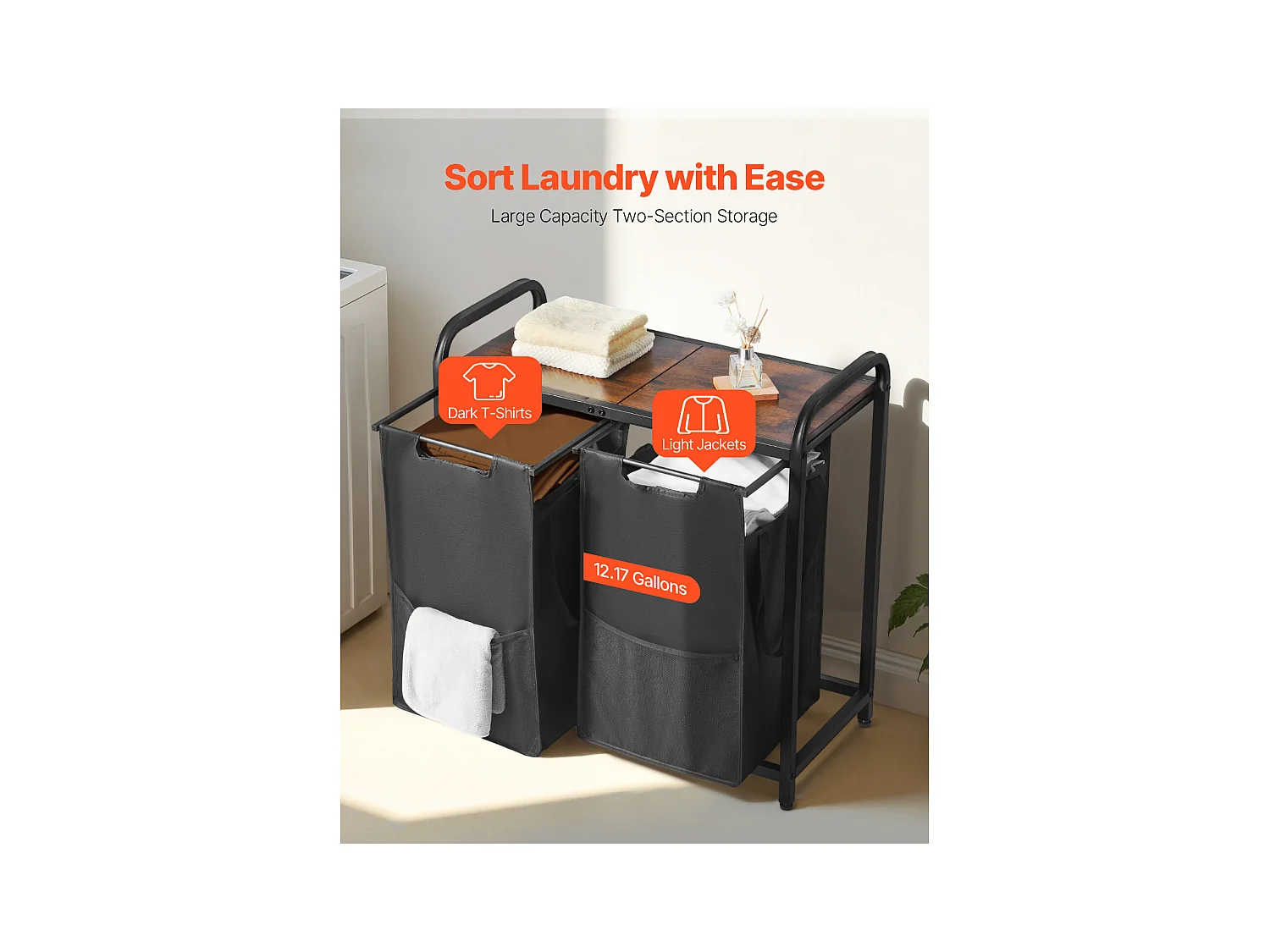 Wäschekorb SucceBuy Wäschesammler mit 2 Fächern, Wäsche-Organizer mit Herausnehmbaren Beuteln aus 600D Oxford-Gewebe, Metallrahmen und Holzdeckel