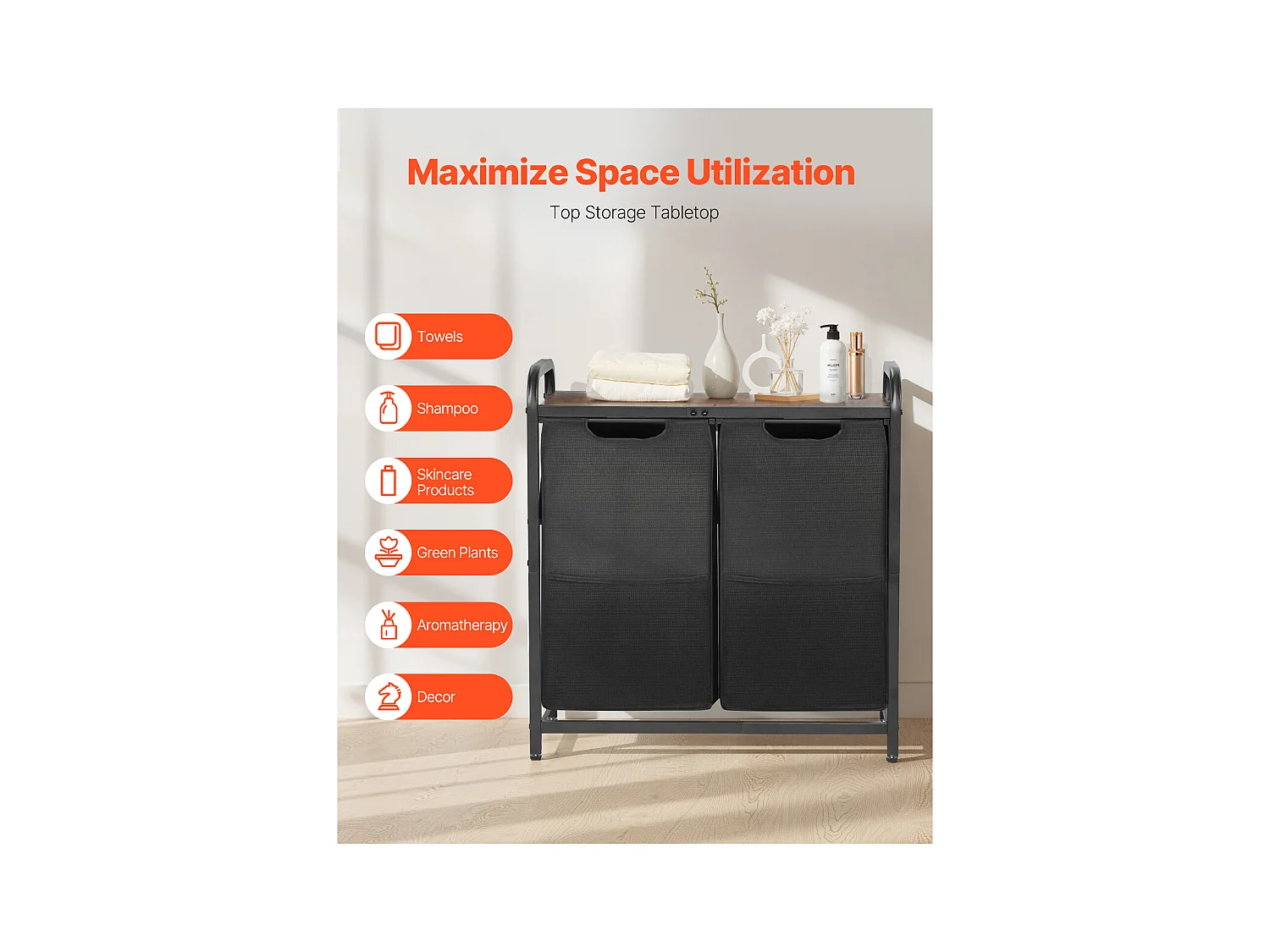 Wäschekorb SucceBuy Wäschesammler mit 2 Fächern, Wäsche-Organizer mit Herausnehmbaren Beuteln aus 600D Oxford-Gewebe, Metallrahmen und Holzdeckel