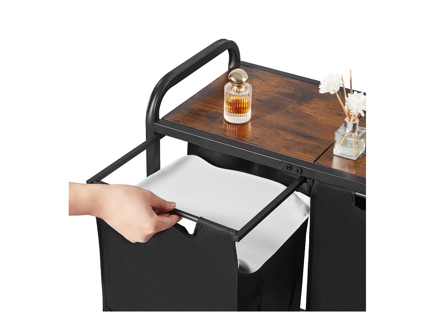 Wäschekorb SucceBuy Wäschesammler mit 2 Fächern, Wäsche-Organizer mit Herausnehmbaren Beuteln aus 600D Oxford-Gewebe, Metallrahmen und Holzdeckel