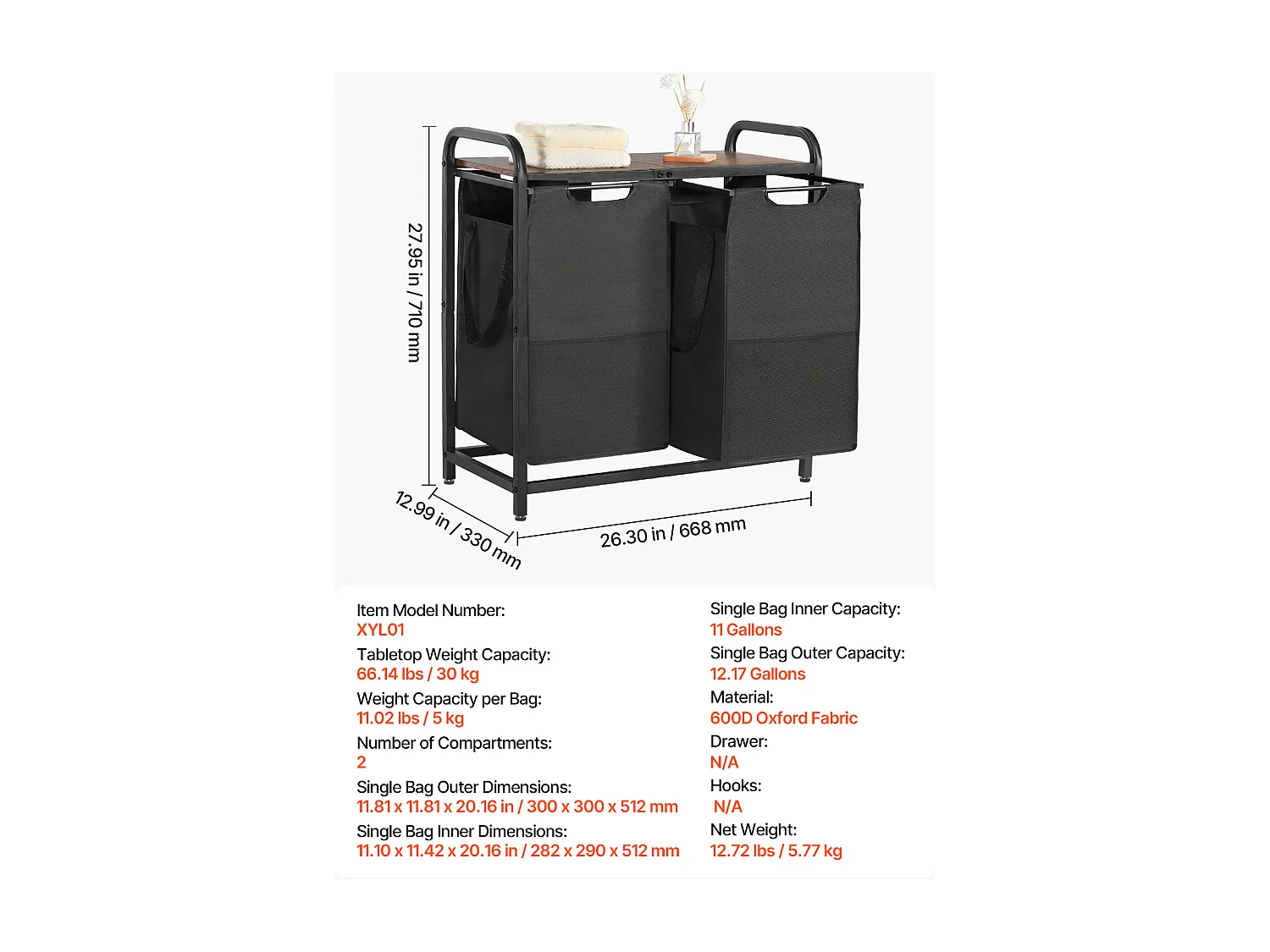 Panier à Linge SucceBuy Panier à Linge à 2 Compartiments, Organisateur de Linge avec Sacs Amovibles en Tissu Oxford 600D, Structure Métallique et Plateau en Bois