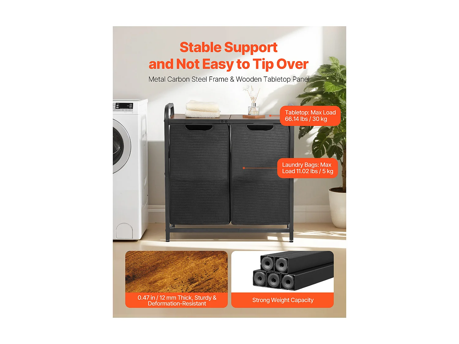 Panier à Linge SucceBuy Panier à Linge à 2 Compartiments, Organisateur de Linge avec Sacs Amovibles en Tissu Oxford 600D, Structure Métallique et Plateau en Bois