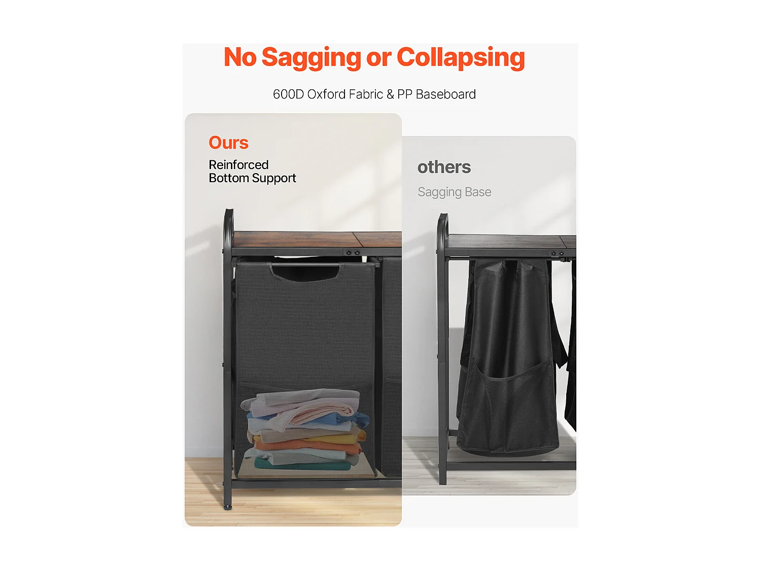 Panier à Linge SucceBuy Panier à Linge à 2 Compartiments, Organisateur de Linge avec Sacs Amovibles en Tissu Oxford 600D, Structure Métallique et Plateau en Bois