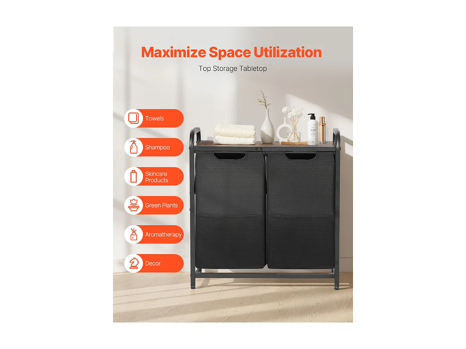 Panier à Linge SucceBuy Panier à Linge à 2 Compartiments, Organisateur de Linge avec Sacs Amovibles en Tissu Oxford 600D, Structure Métallique et Plateau en Bois