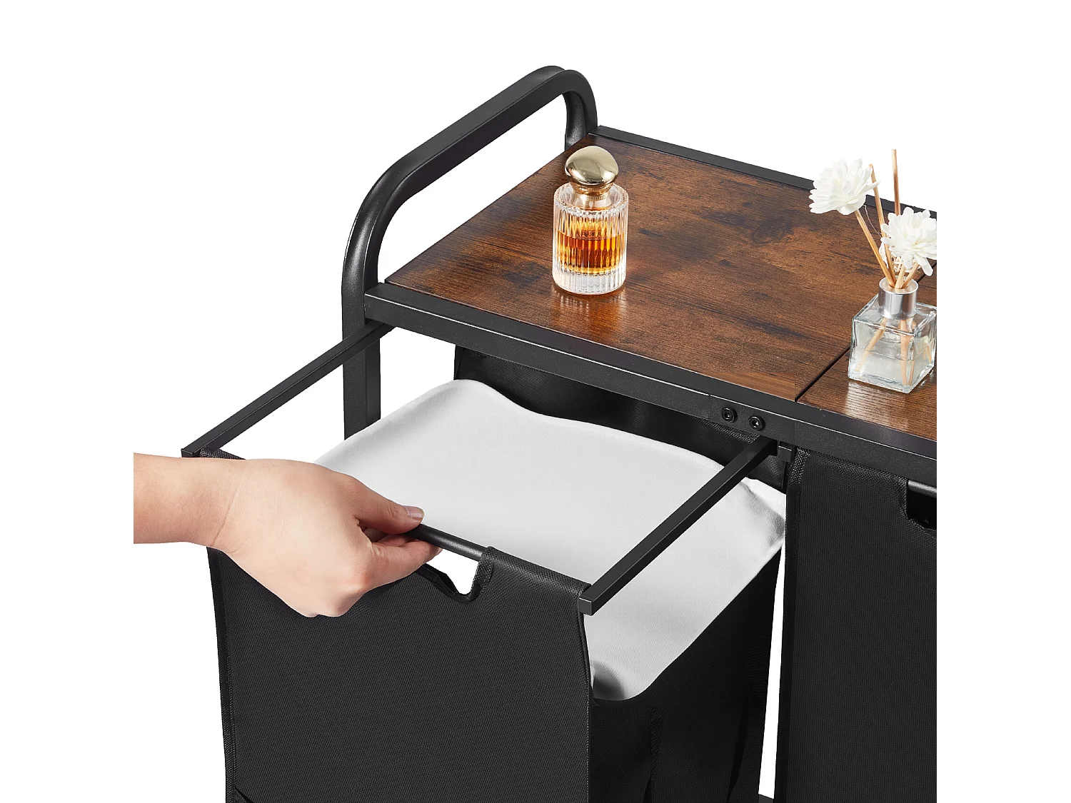 Panier à Linge SucceBuy Panier à Linge à 2 Compartiments, Organisateur de Linge avec Sacs Amovibles en Tissu Oxford 600D, Structure Métallique et Plateau en Bois