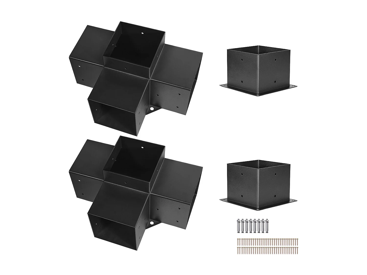 Pergola Steunstel SucceBuy, Set van 4, Houten Paal Steun 14.2x14.2 cm, 2 Hoeksteunen 4-Weg, 2 Paalvoeten, Koolstofstaal voor Tuinhuis