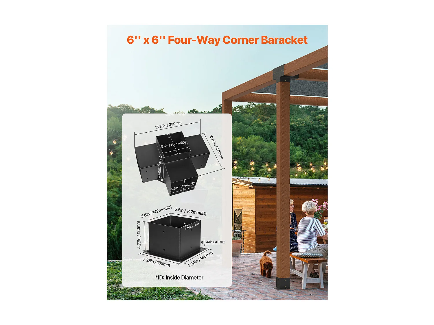 Pergola Steunstel SucceBuy, Set van 4, Houten Paal Steun 14.2x14.2 cm, 2 Hoeksteunen 4-Weg, 2 Paalvoeten, Koolstofstaal voor Tuinhuis