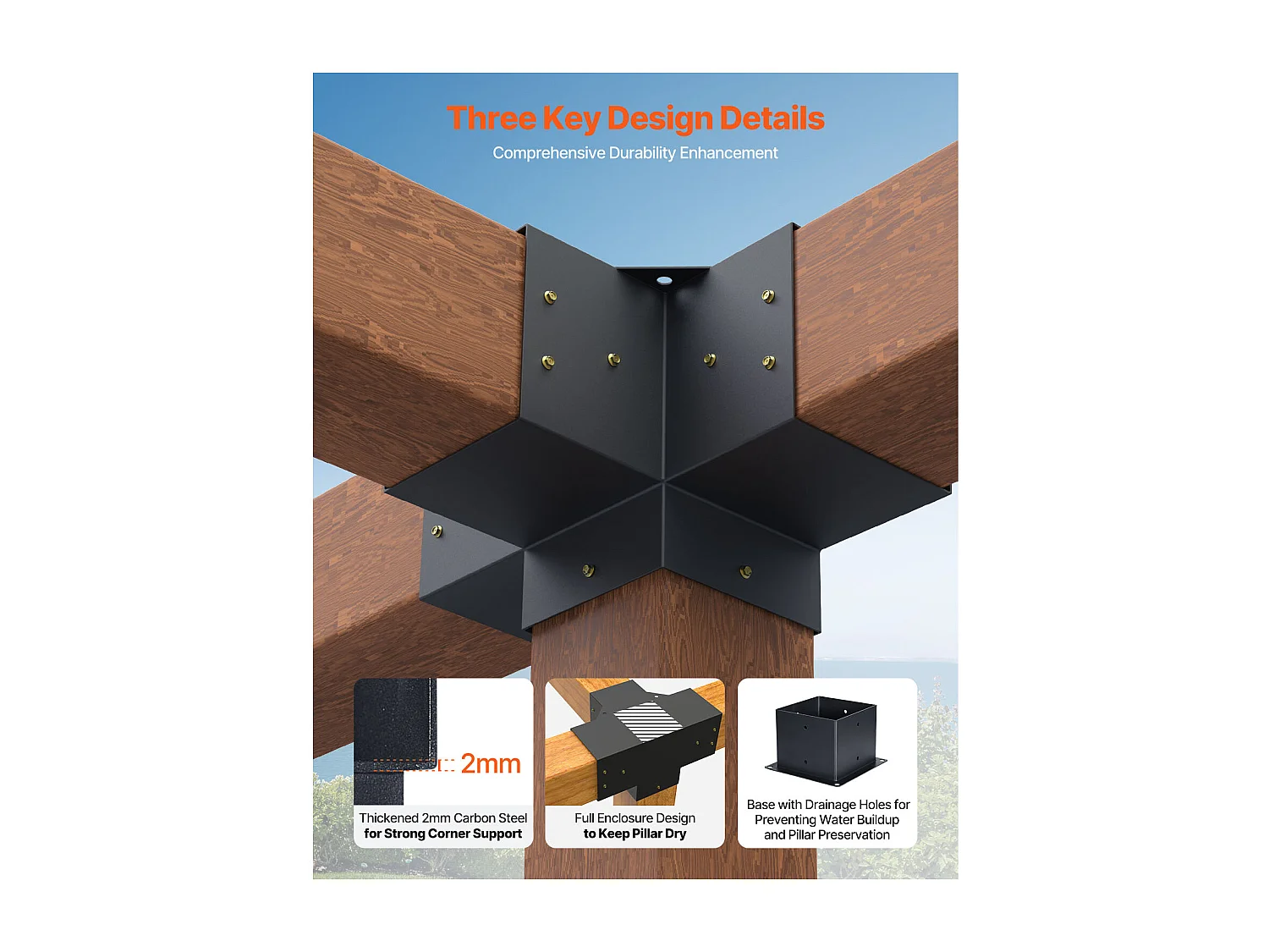 Pergola Steunstel SucceBuy, Set van 4, Houten Paal Steun 14.2x14.2 cm, 2 Hoeksteunen 4-Weg, 2 Paalvoeten, Koolstofstaal voor Tuinhuis