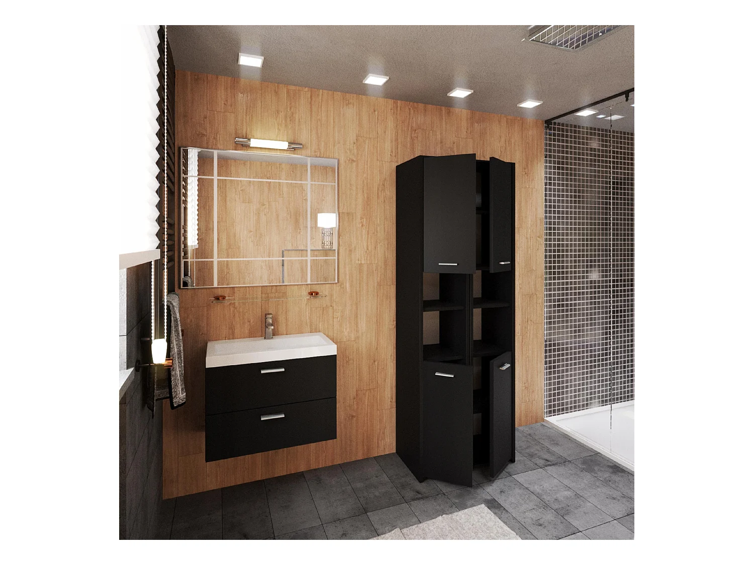 Colonne de salle de bain noir 30x30x165cm – armoire de salle de bain sur pied, meuble de rangement