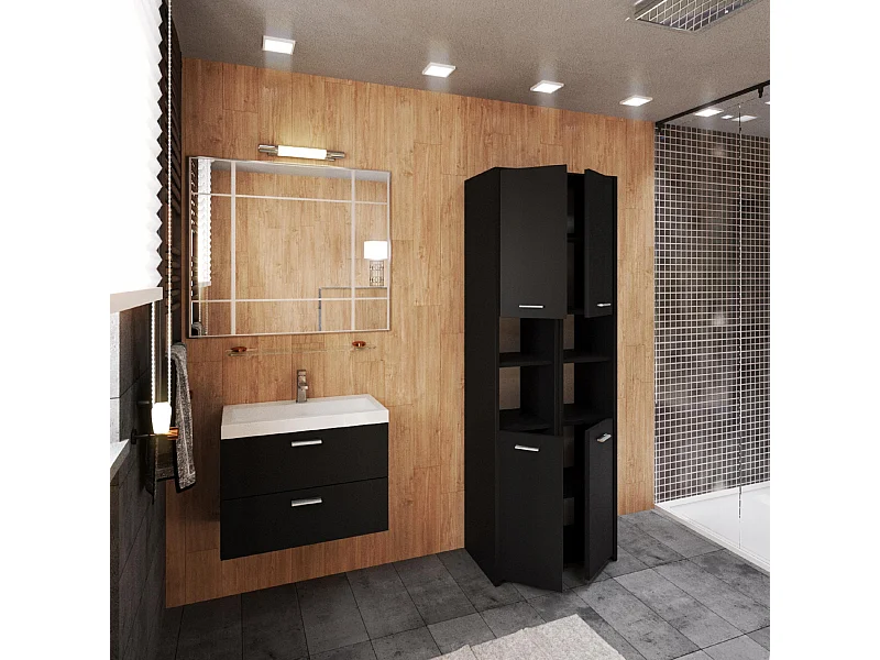 Colonne de salle de bain noir 30x30x165cm – armoire de salle de bain sur pied, meuble de rangement