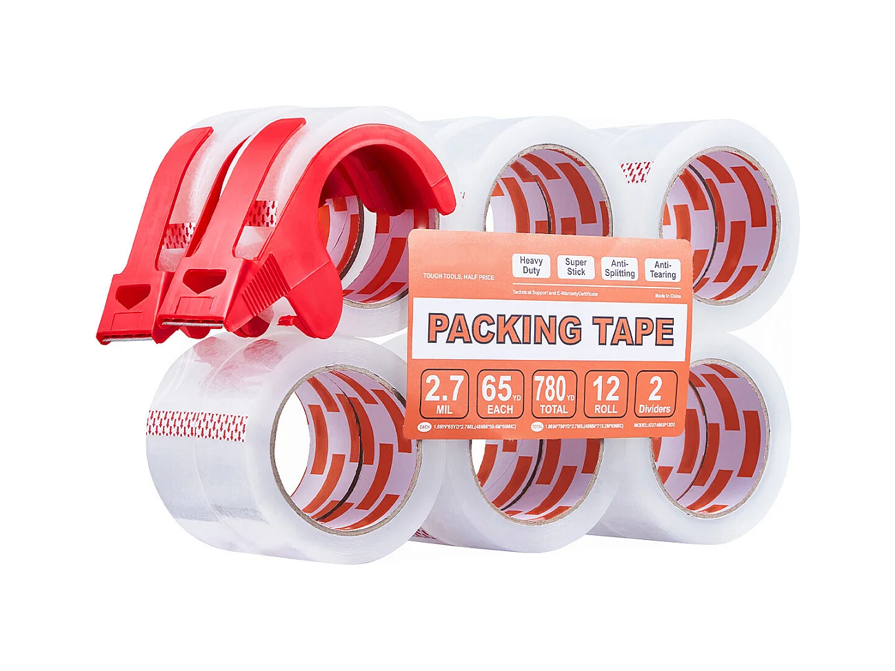 Ruban Adhésif SucceBuy d'Emballage Transparent 12PCS avec 2 Distributeurs 59,436 m x 47,8 mm x 0,068 mm Noyau 76,2 mm Ruban d'Emballage Robuste