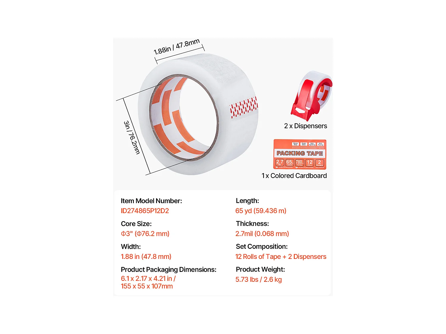 Ruban Adhésif SucceBuy d'Emballage Transparent 12PCS avec 2 Distributeurs 59,436 m x 47,8 mm x 0,068 mm Noyau 76,2 mm Ruban d'Emballage Robuste