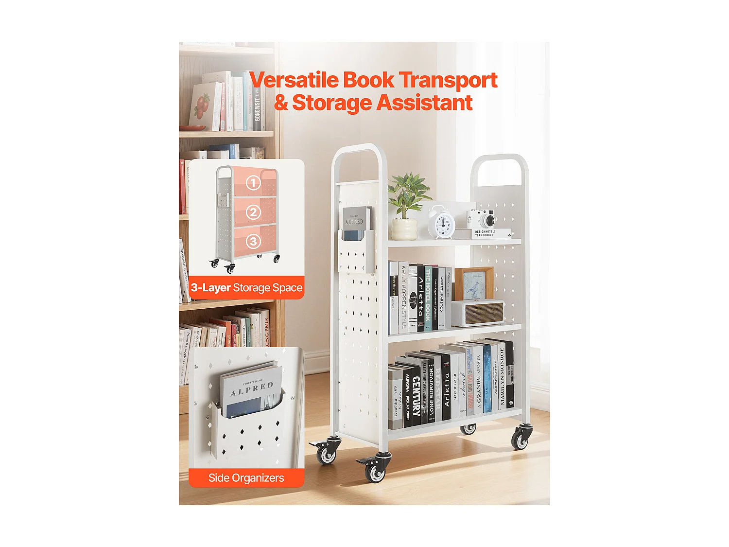 Chariot à Livres SucceBuy, Capacité de Charge 150 kg, Chariot de Bibliothèque, 77 x 38 x 122 cm, Étagère de Rangement Livres Simple Face en L, Blanc