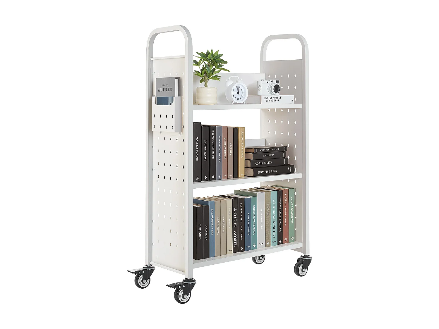Chariot à Livres SucceBuy, Capacité de Charge 150 kg, Chariot de Bibliothèque, 77 x 38 x 122 cm, Étagère de Rangement Livres Simple Face en L, Blanc