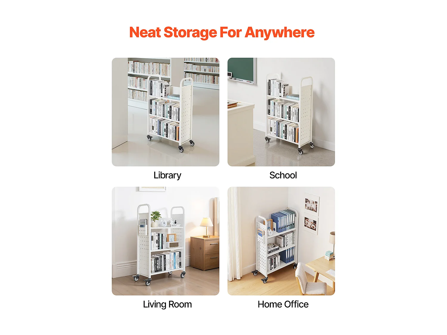 Chariot à Livres SucceBuy, Capacité de Charge 150 kg, Chariot de Bibliothèque, 77 x 38 x 122 cm, Étagère de Rangement Livres Simple Face en L, Blanc