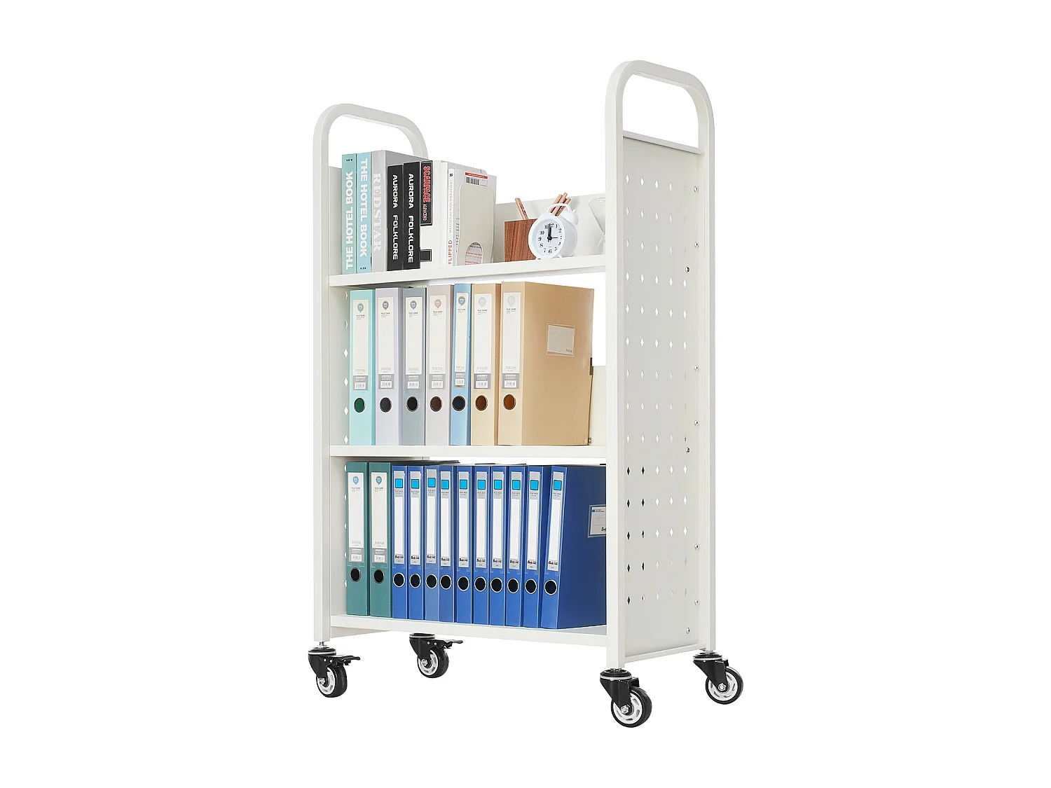 Chariot à Livres SucceBuy, Capacité de Charge 150 kg, Chariot de Bibliothèque, 77 x 38 x 122 cm, Étagère de Rangement Livres Simple Face en L, Blanc