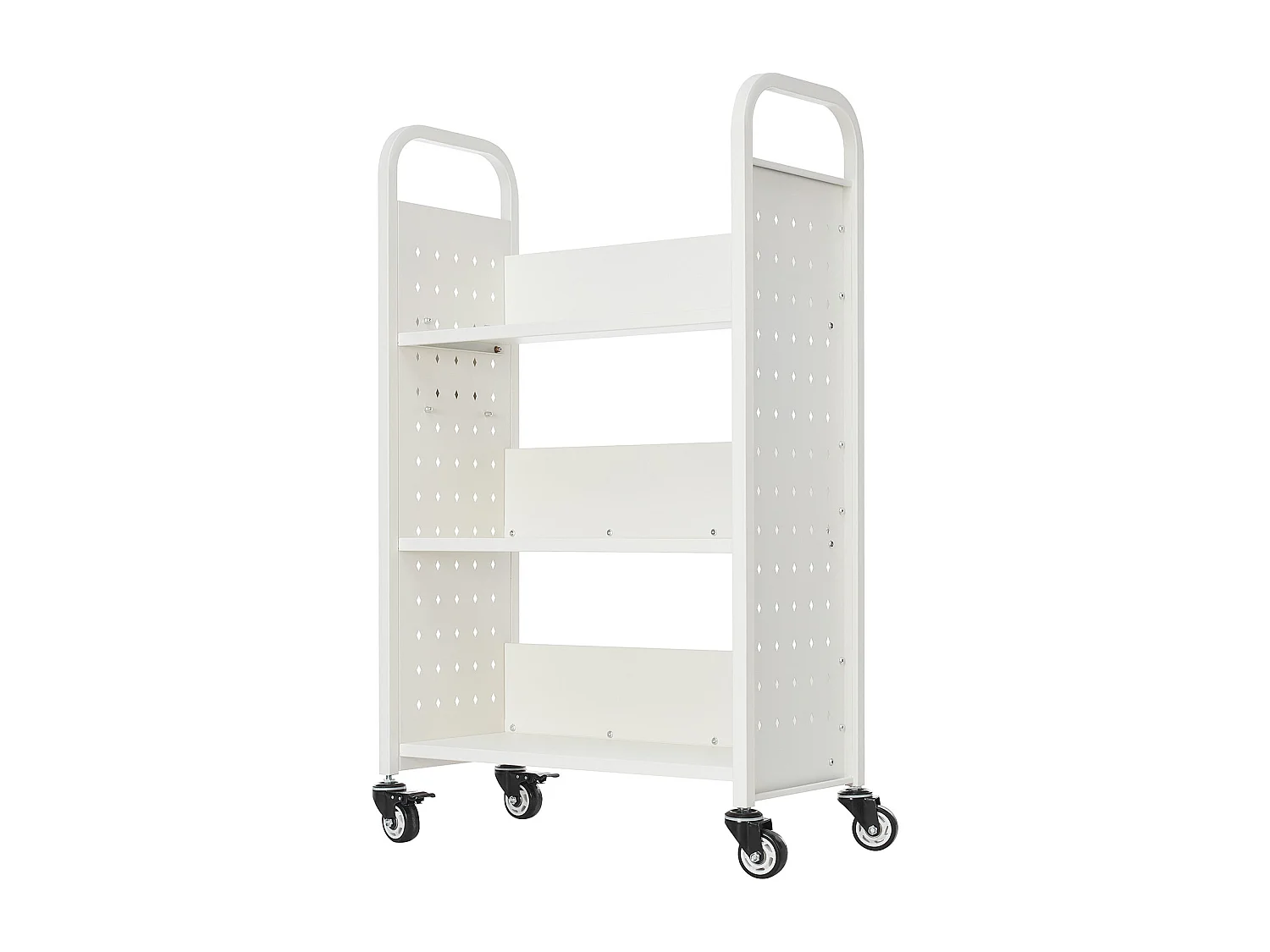 Chariot à Livres SucceBuy, Capacité de Charge 150 kg, Chariot de Bibliothèque, 77 x 38 x 122 cm, Étagère de Rangement Livres Simple Face en L, Blanc