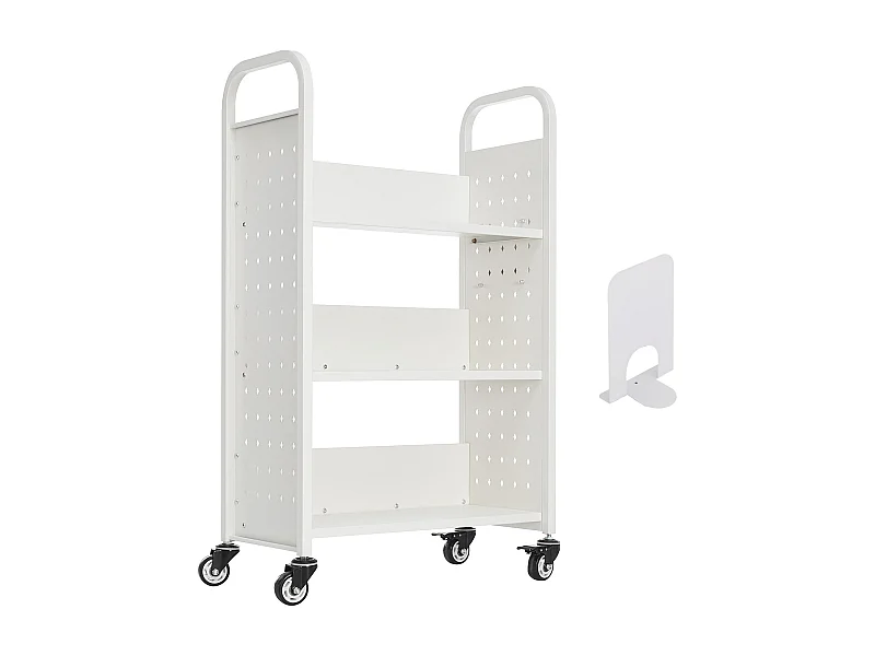 Chariot à Livres SucceBuy, Capacité de Charge 150 kg, Chariot de Bibliothèque, 77 x 38 x 122 cm, Étagère de Rangement Livres Simple Face en L, Blanc