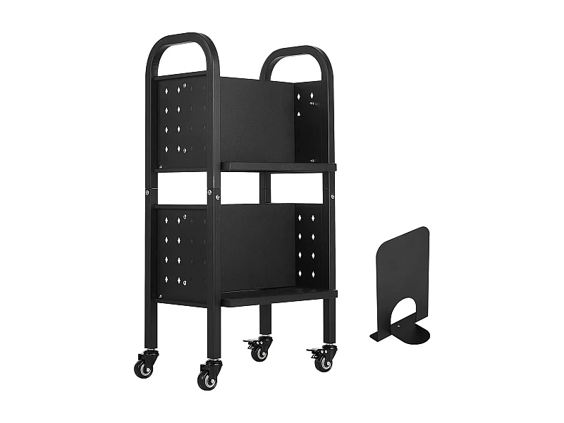 Carrinho de Livros SucceBuy, Capacidade de Carga 70 kg, Carrinho de Biblioteca, 45 x 33 x 88 cm, Prateleira de Armazenamento de Livros Dupla Face em L, Preto