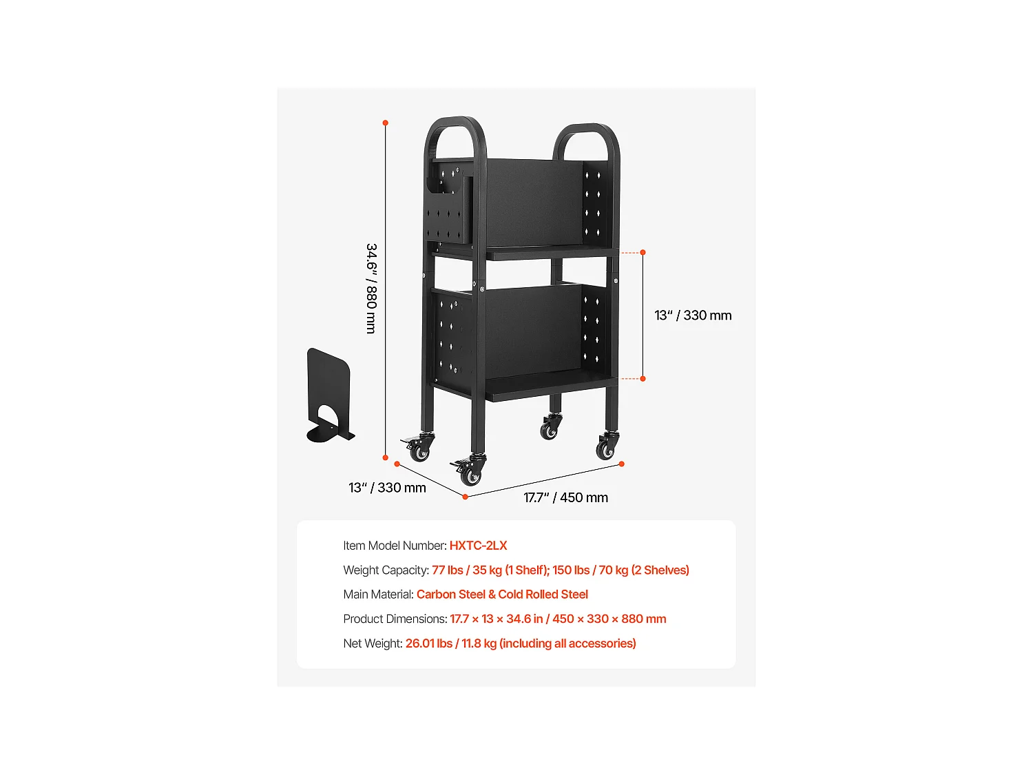 Chariot à Livres SucceBuy, Capacité de Charge 70 kg, Chariot de Bibliothèque, 45 x 33 x 88 cm, Étagère de Rangement Livres Double Face en L, Noir