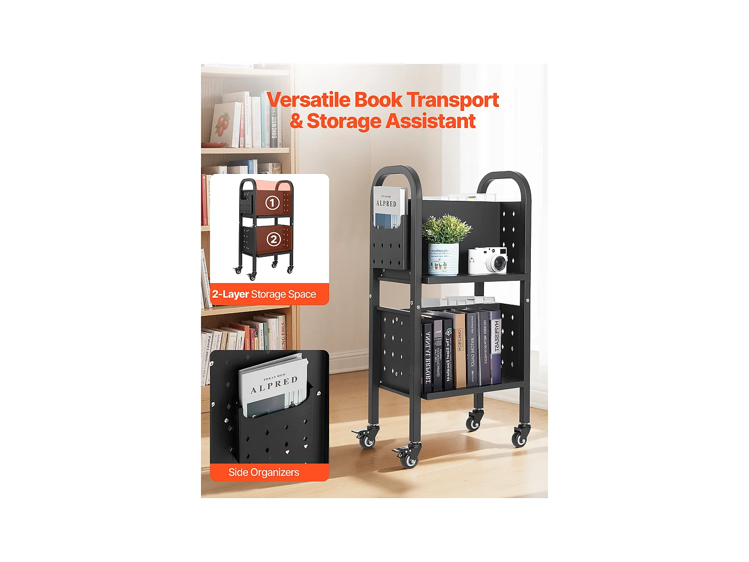 Chariot à Livres SucceBuy, Capacité de Charge 70 kg, Chariot de Bibliothèque, 45 x 33 x 88 cm, Étagère de Rangement Livres Double Face en L, Noir