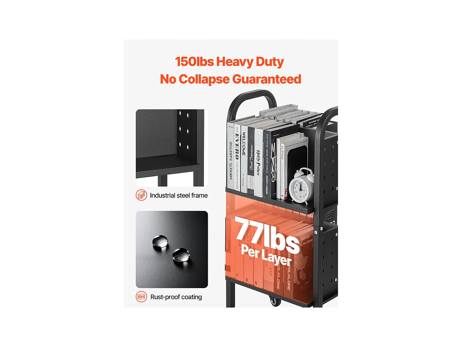 Chariot à Livres SucceBuy, Capacité de Charge 70 kg, Chariot de Bibliothèque, 45 x 33 x 88 cm, Étagère de Rangement Livres Double Face en L, Noir