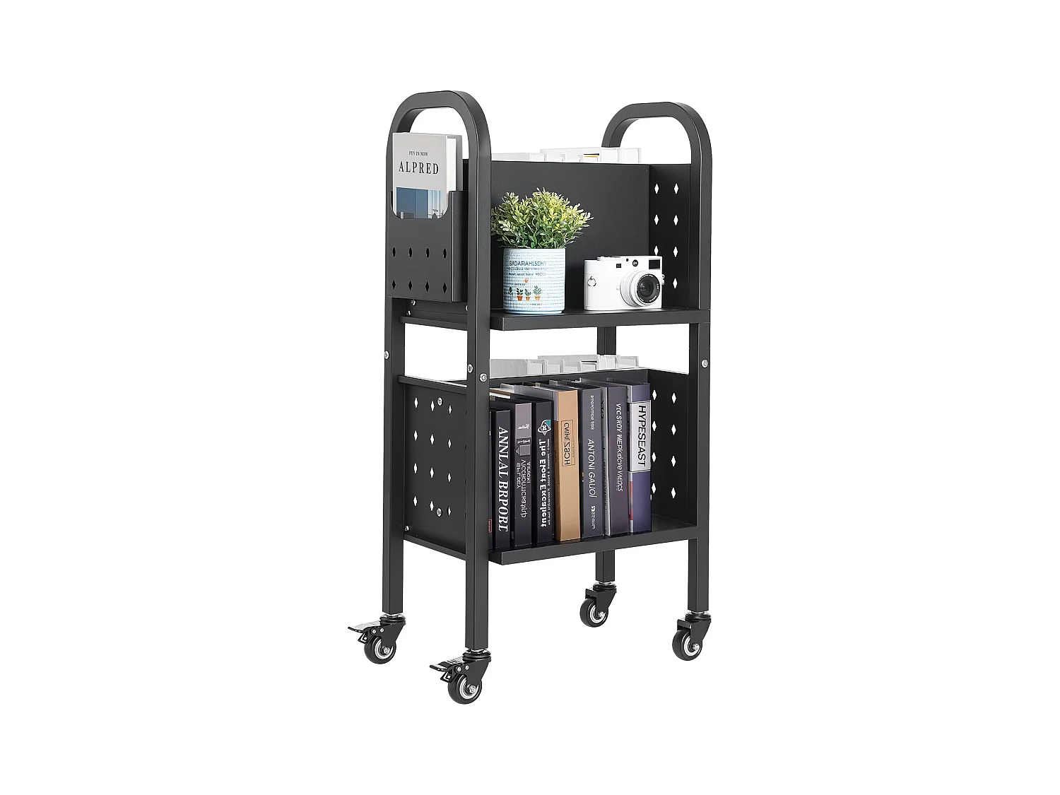 Chariot à Livres SucceBuy, Capacité de Charge 70 kg, Chariot de Bibliothèque, 45 x 33 x 88 cm, Étagère de Rangement Livres Double Face en L, Noir