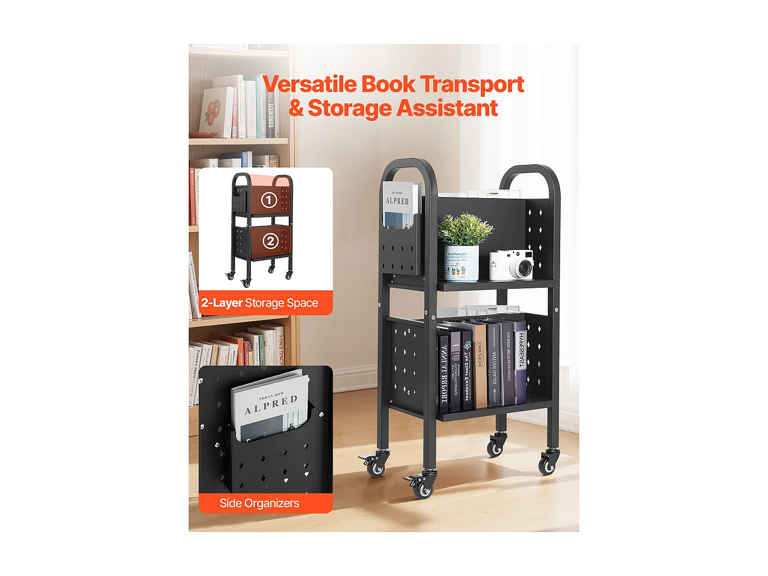 Chariot à Livres SucceBuy, Capacité de Charge 70 kg, Chariot de Bibliothèque, 45 x 33 x 88 cm, Étagère de Rangement Livres Double Face en L, Noir