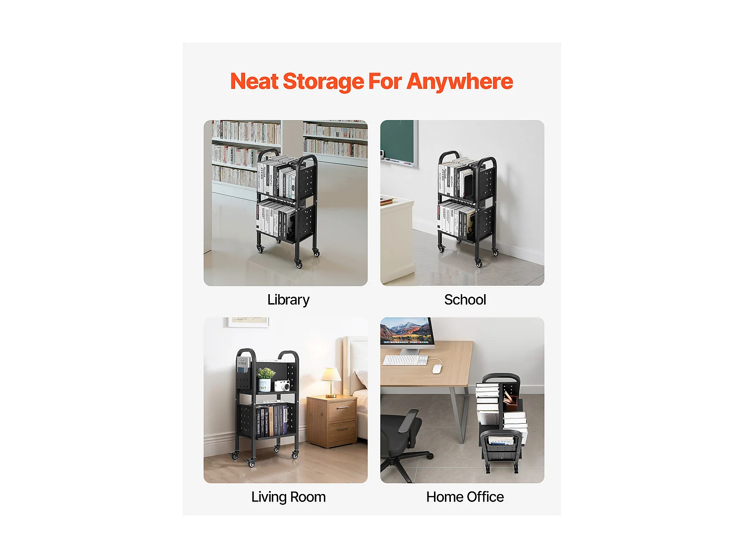 Chariot à Livres SucceBuy, Capacité de Charge 70 kg, Chariot de Bibliothèque, 45 x 33 x 88 cm, Étagère de Rangement Livres Double Face en L, Noir