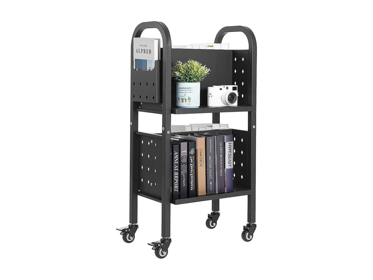 Chariot à Livres SucceBuy, Capacité de Charge 70 kg, Chariot de Bibliothèque, 45 x 33 x 88 cm, Étagère de Rangement Livres Double Face en L, Noir