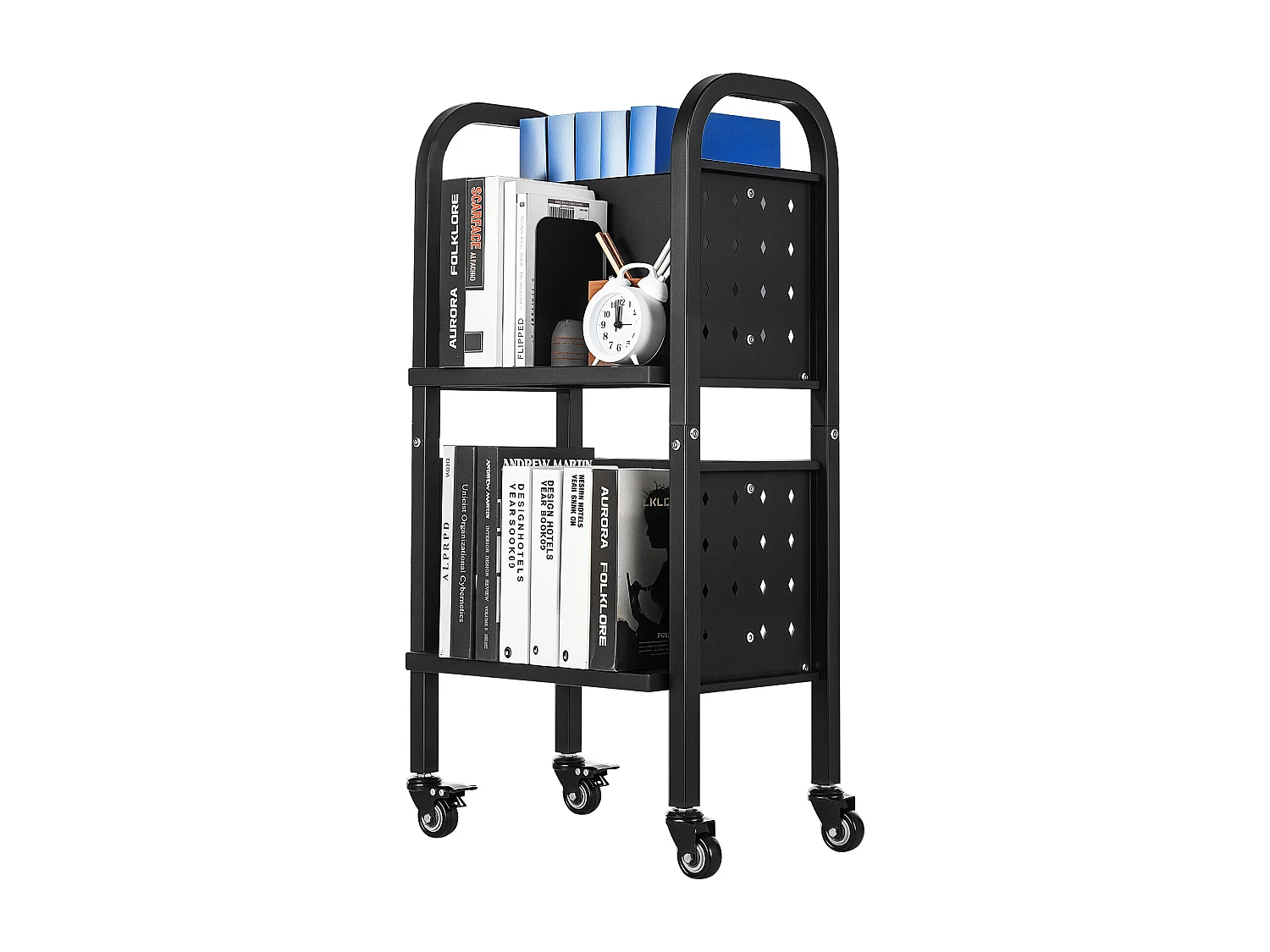 Chariot à Livres SucceBuy, Capacité de Charge 70 kg, Chariot de Bibliothèque, 45 x 33 x 88 cm, Étagère de Rangement Livres Double Face en L, Noir