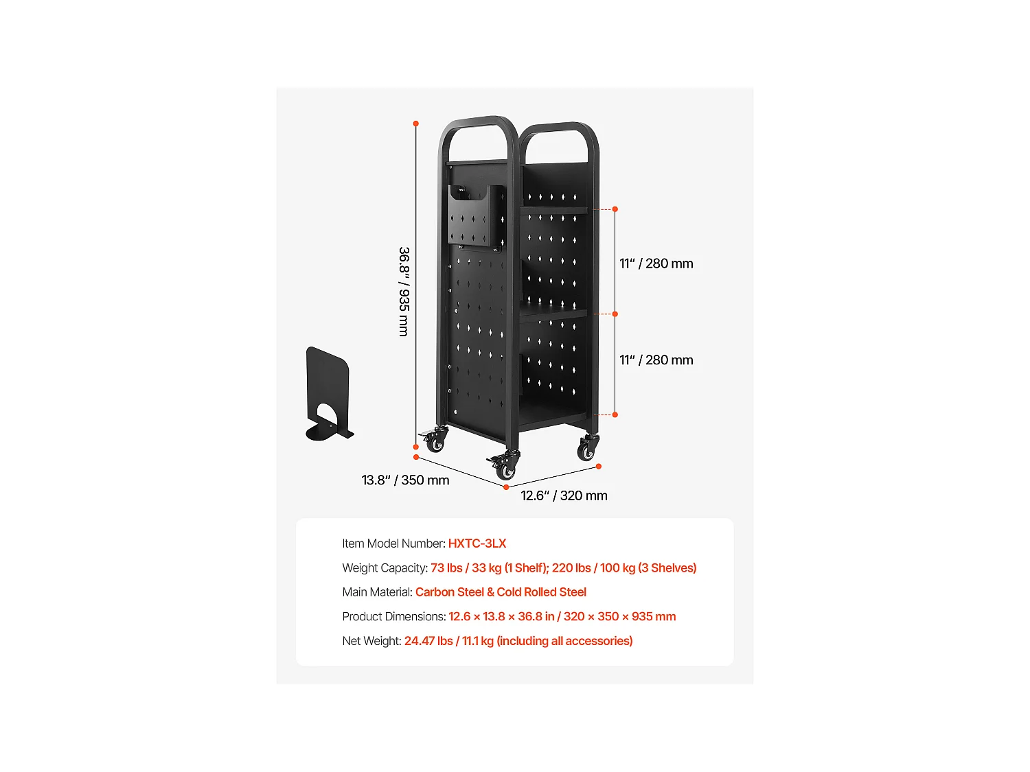 Chariot à Livres SucceBuy, Capacité de Charge 100 kg, Chariot de Bibliothèque, 32 x 35 x 93,5 cm, Étagère de Rangement Livres Simple Face en L, Noir