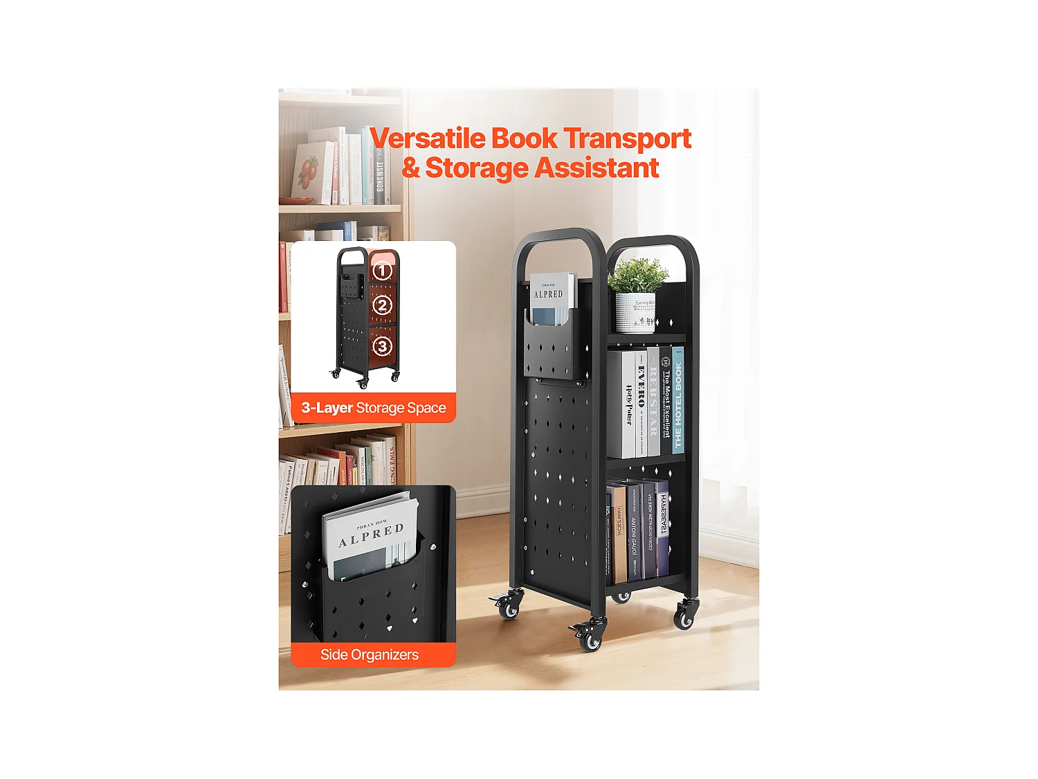 Chariot à Livres SucceBuy, Capacité de Charge 100 kg, Chariot de Bibliothèque, 32 x 35 x 93,5 cm, Étagère de Rangement Livres Simple Face en L, Noir